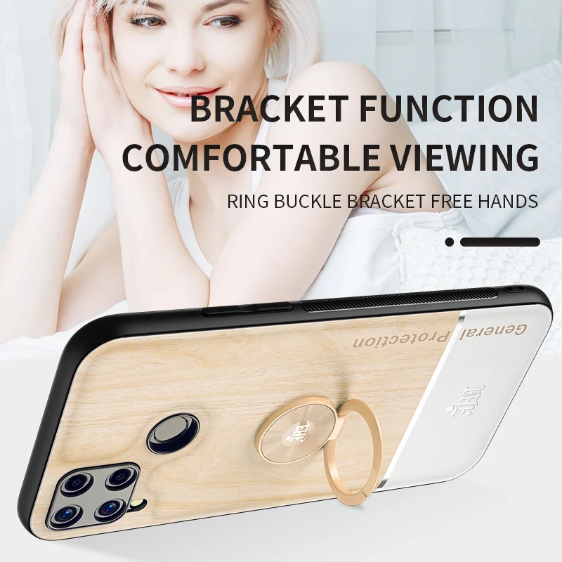 for oppo realme c15 12 v5 adsorption ring bracket cover cases bionic wood grain splicing phone case free global shipping