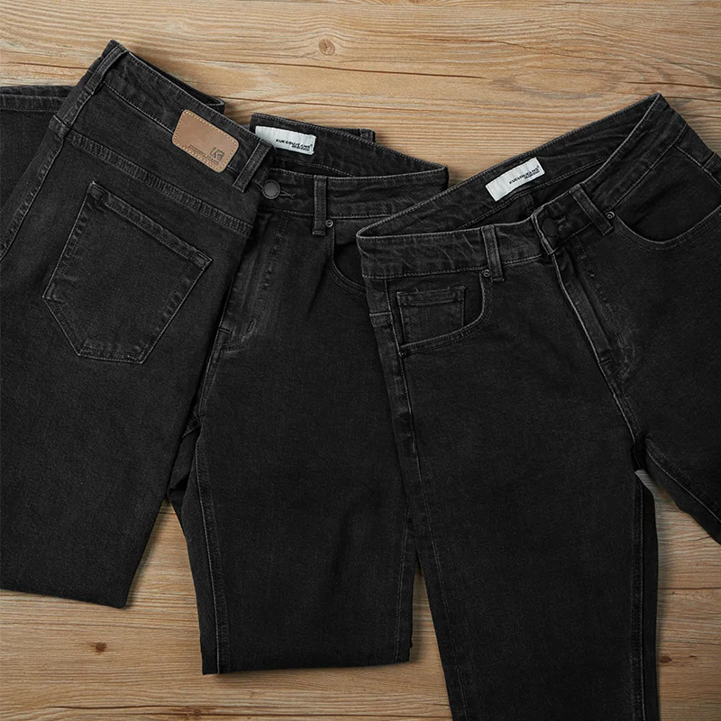 Мужские облегающие джинсы KUEGOU черные однотонные джинсовые брюки-стрейч модель