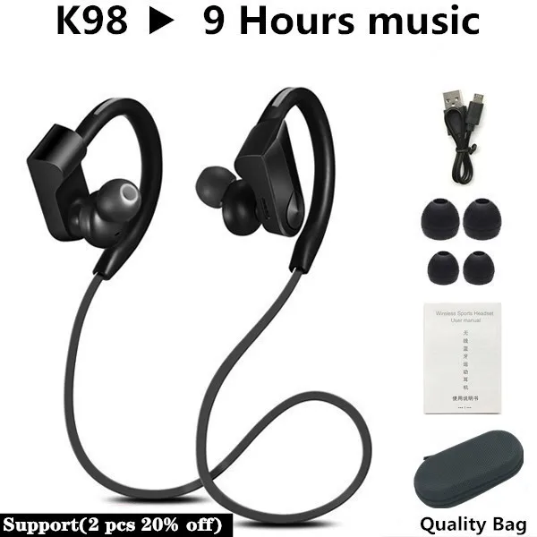 Спортивные Bluetooth наушники, беспроводные наушники, Bluetooth гарнитура, водонепроницаемый шумоподавитель с микрофоном для телефонов android ios - Цвет: K98 Black