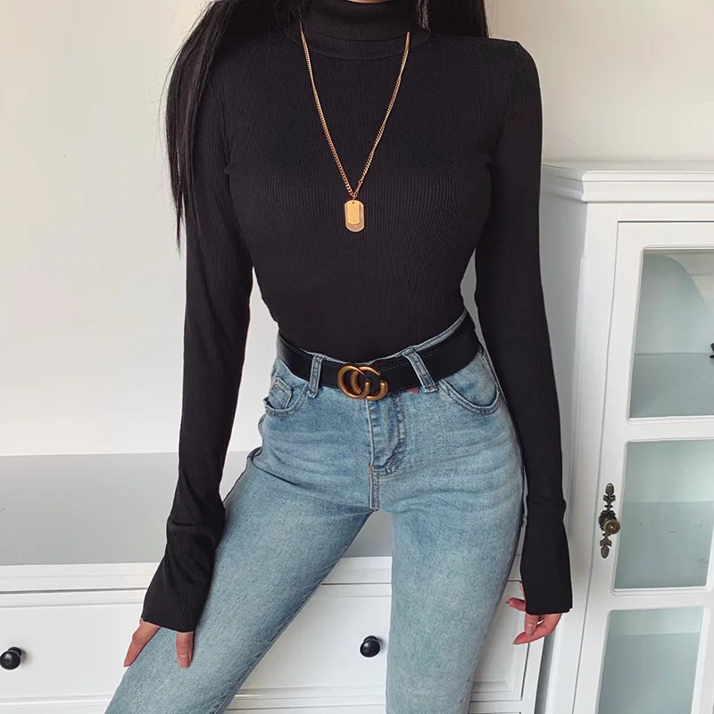 

Women Slim Knitwear, Autumn Adults Solid Color Long Sleeve Slit Turtleneck Sweater