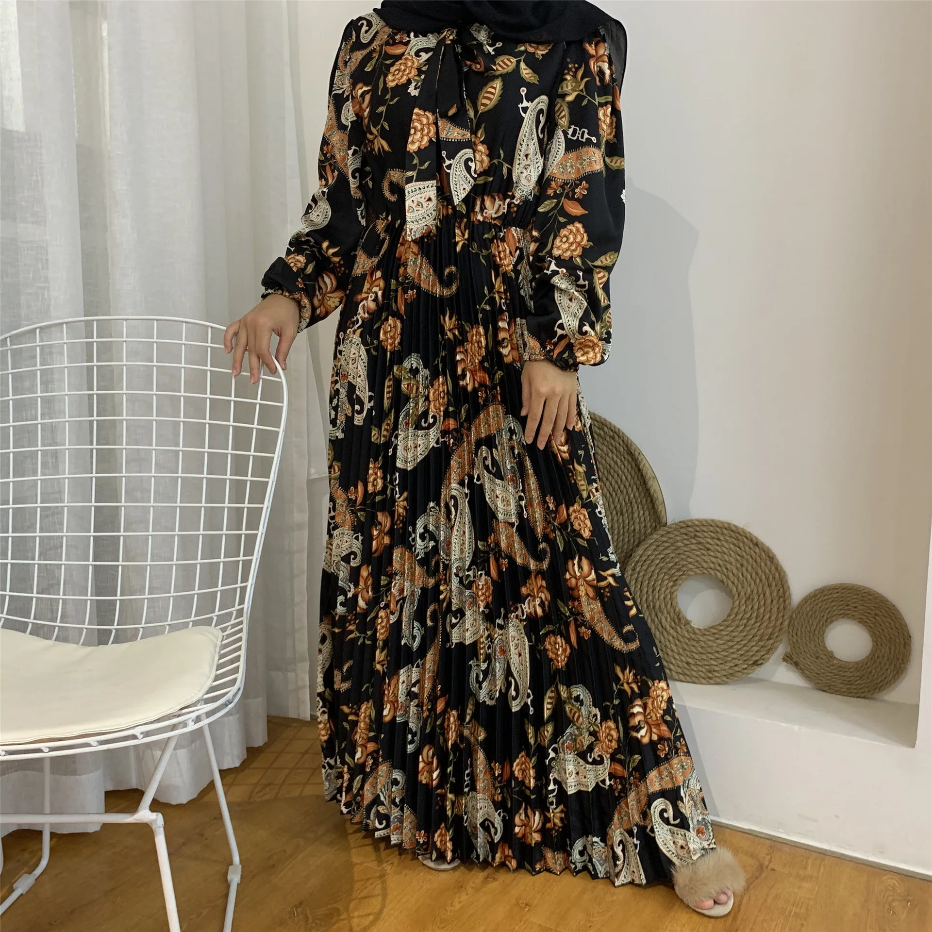 2021 мусульманское Дубай турецкий исламский новый модный принт плиссированный Макси мусульманское платье индийское платье женская Европейс...