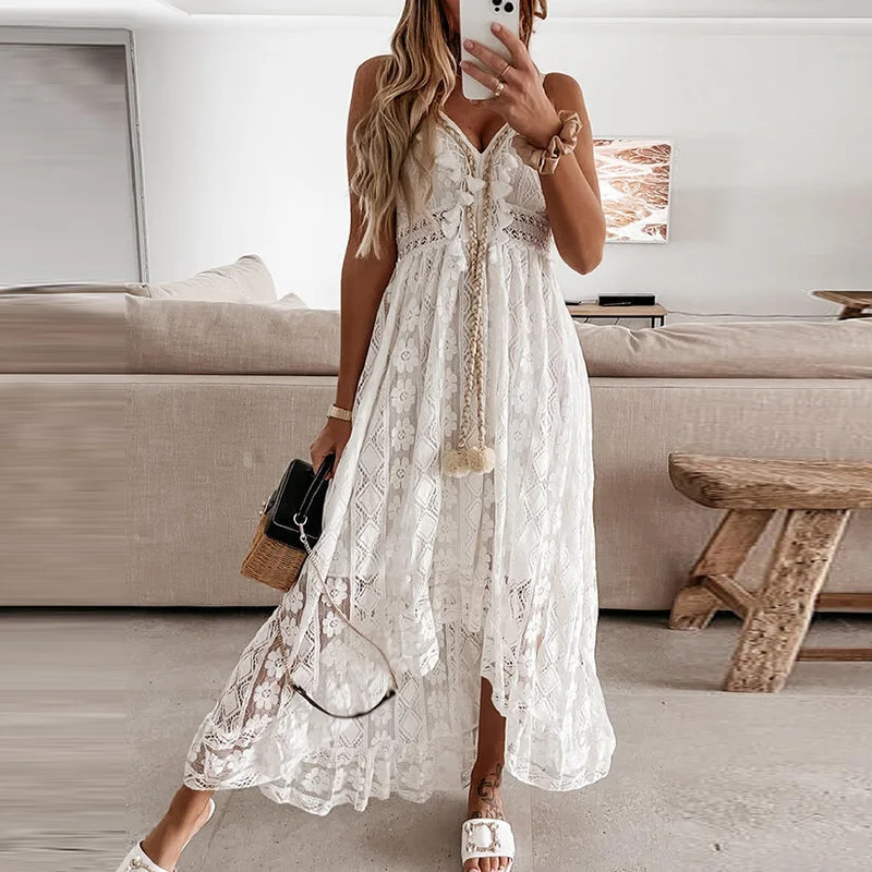 

Summer Sleeveless Sling Lace Long Dress Sexy V-neck Color Womens Dress Strapless Hollow Loose Beach Dress