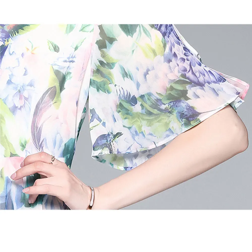 

Merchall 2021 Summer Fashion Chiffon Batwing Sleeve Midi Dress Woman Elegant Flower Print Holiday Beach Party Dresses M69133