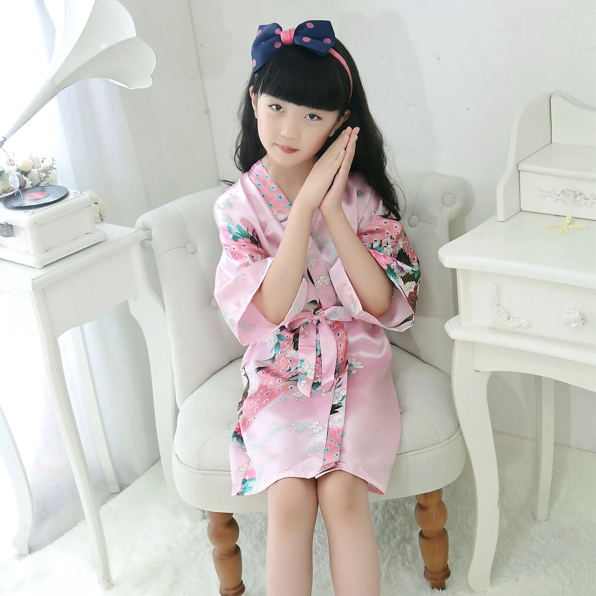 BALDAUREN Children's Pajamas, Girls' Dyed Silk Kimono, Peacock Flower Bathrobe, Spa Wedding Birthday