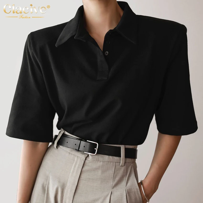 

Clacive Fashion Black Short Sleeve Women'S Blouse 2022 Summer Lapel Office Shirt Casual Loose Solid Shirts Top Female