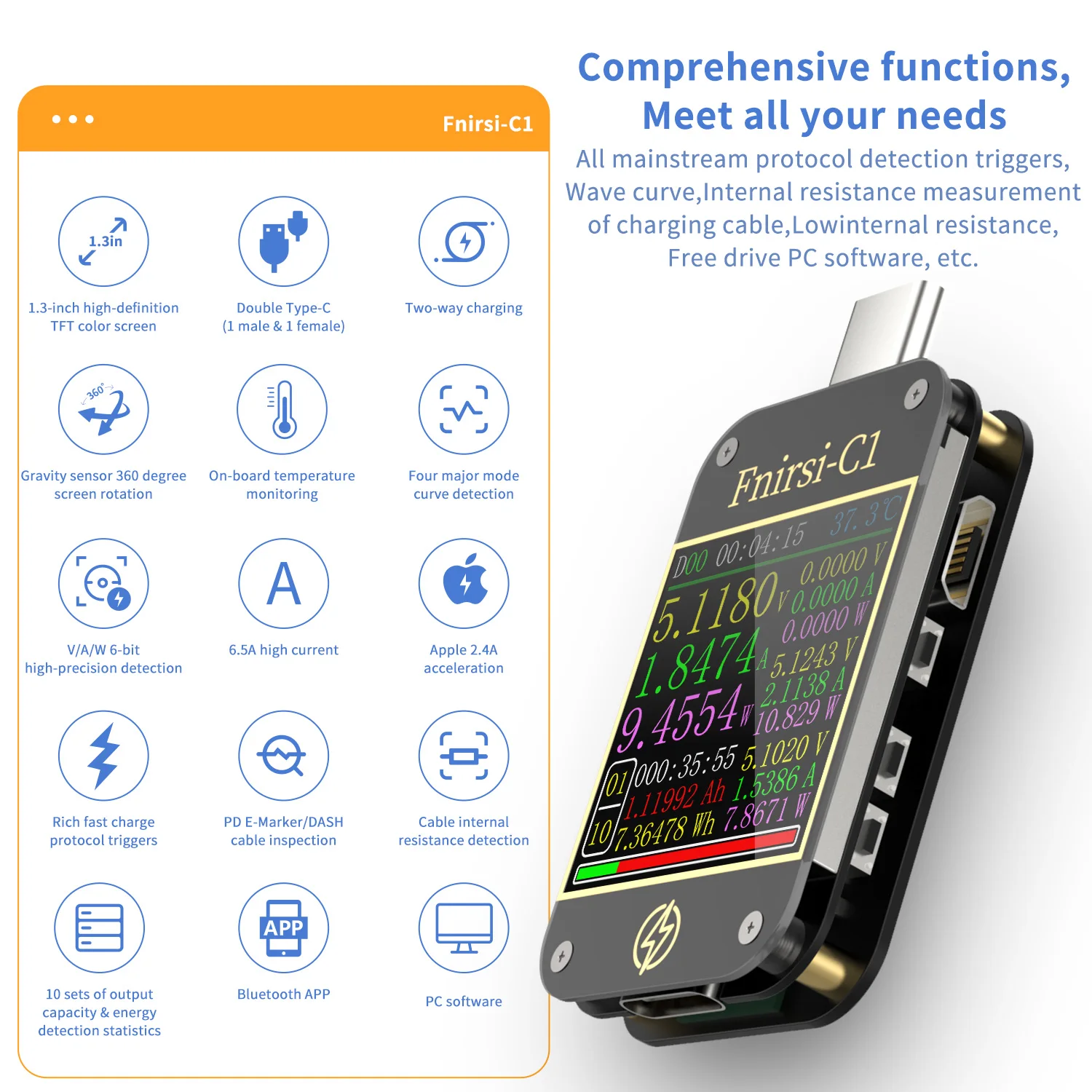 FNIRSI-C1 Type-C PD триггер USB-C Вольтметр Амперметр Тест протокола быстрой зарядки