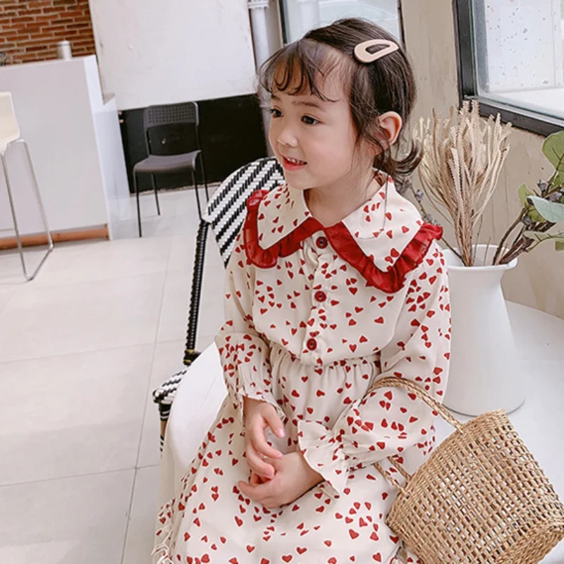 Осеннее платье для девочек Повседневное с длинными рукавами и принтом сердца