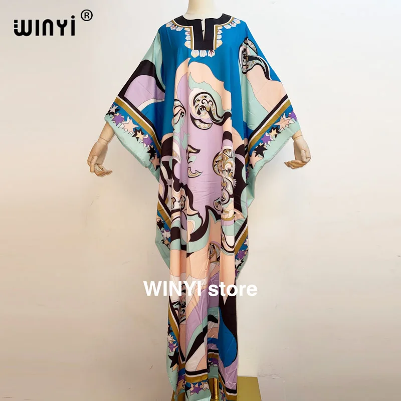 

Bohemian Dress Women Floor Length Batwing Sleeve V Collar Gold Print High Elastic Silk Elegant New Autumn Tide