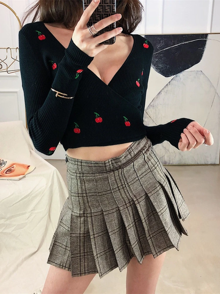 Женский короткий вязаный свитер с вышивкой в виде вишни Модный укороченный