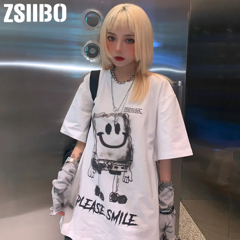 Корейская футболка в стиле хип хоп с изображением Губки Боба женская Харадзюку