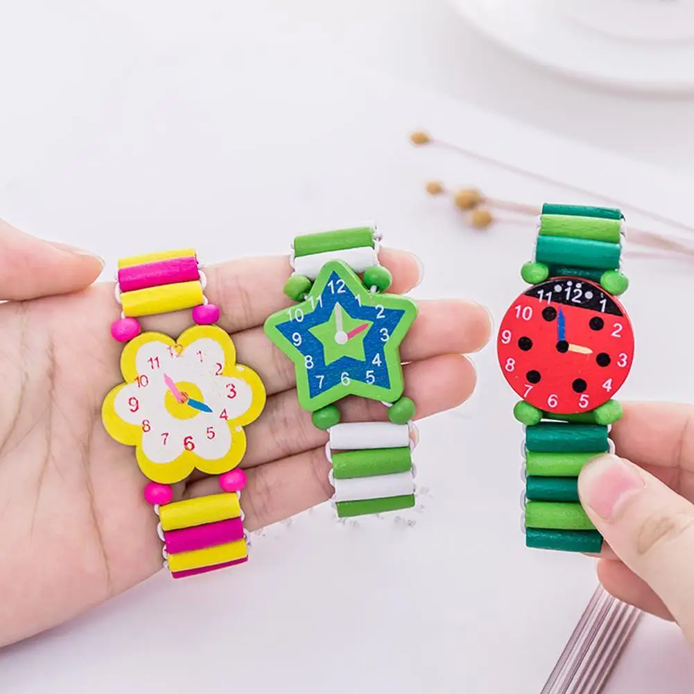 Juguetes artesanales de madera para ni&ntilde;os, juguetes de aprendizaje y educaci&oacute;n, relojes el&aacute;sticos de dibujos animados, fiesta que apoya a los ni&ntilde;os, pulsera de juguete, regalo-0