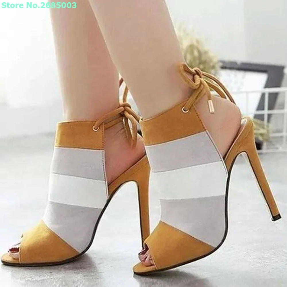 

Peep Toe Mixed Colors Ankle Pumps Lace Up Thin High Heels Back Hollow Women Summer Spring Party Dress Pumps Sandals Shoes