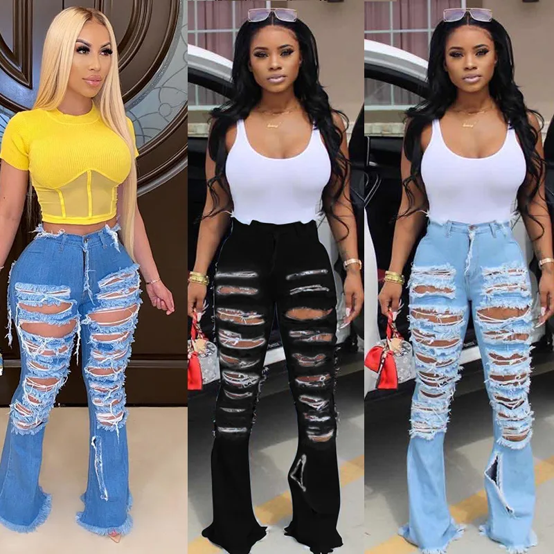 Женские джинсовые брюки с дырками в стиле ретро однотонные рваные высокой талией