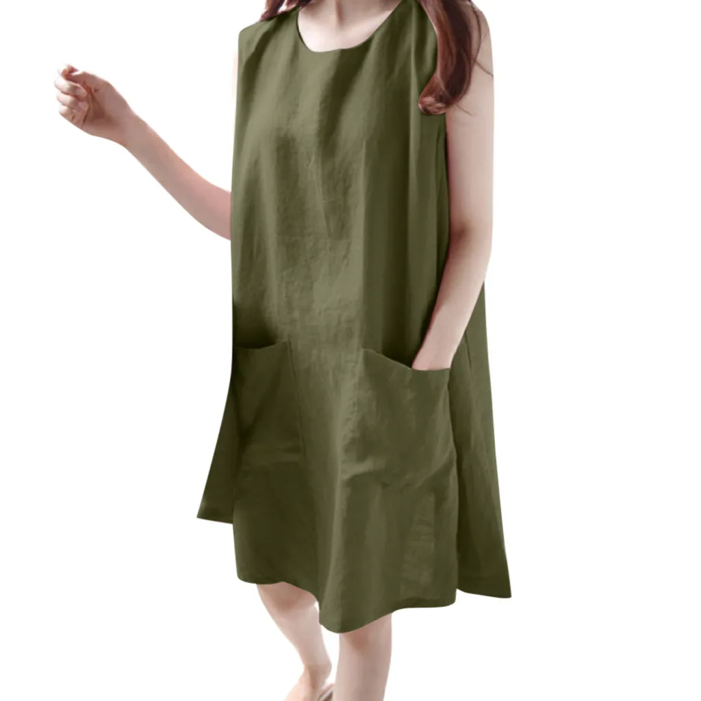 Summer Dress Women Cotton Linen Sleeveless Beach Solid Dress Casual Pocket Loose Dress Female Plus Size Dress Fashion Vestidos
