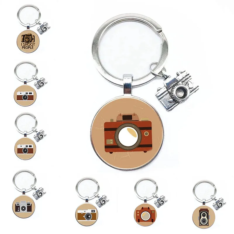 

Hot Retro Vintage Camera Glass Cabochon Key Ring Fashion Model Pendant Keychain Photo Diy Handmade Wholesale Gift Cute Pattern S