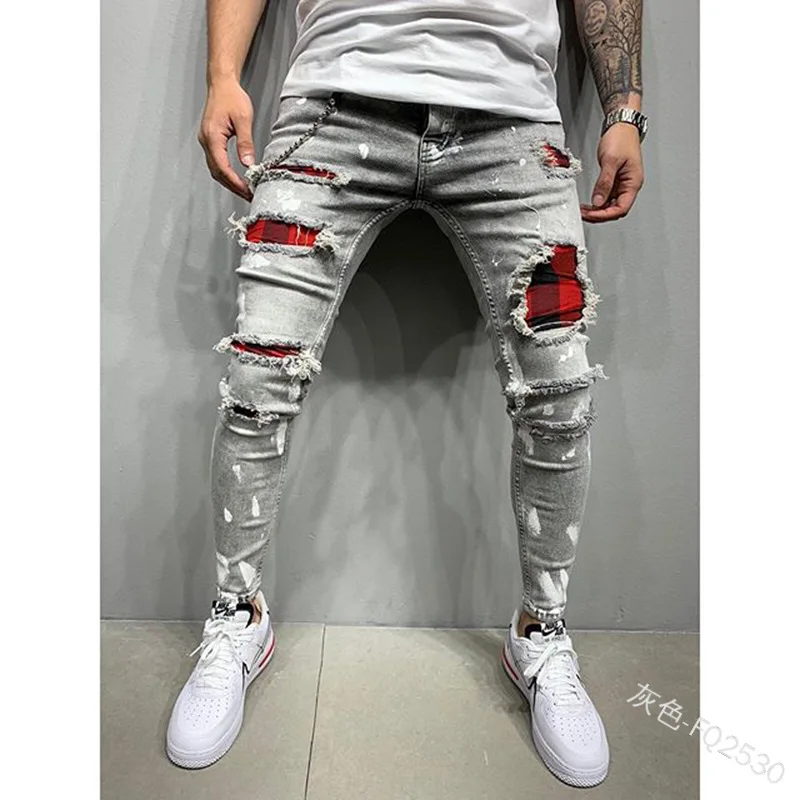 New Styles Men Stretchy Ripped Skinny Biker Embroidery Print Jeans Destroyed Hole Taped Slim Fit Denim Scratched High Quality
