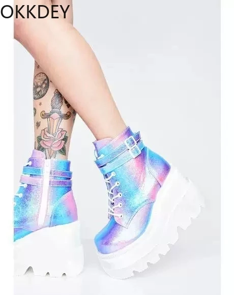 

2020 new European and American colorful lace-up slope heel side zipper fashion increased warm waterproof plus size women's boots