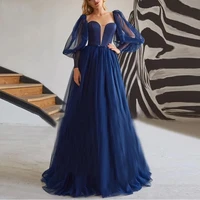 elegant navy blue tulle evening dress sweetheart full puff sleeves women formal party night a line prom gown vestidos de fiesta