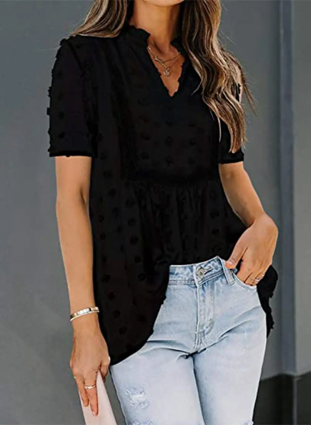 

Fashion Women Summer Casual Loose T Shirt Adults Short Sleeve V-neck Tops with Pom Poms Black/Pink/White/Blue