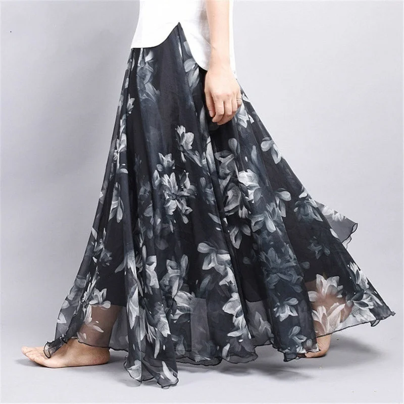 Summer Loose Skirt women Chiffon Floral Printed Women Floor-Length Long Beach Party Loose Skirt Maxi Party Skirt Beach Sundress