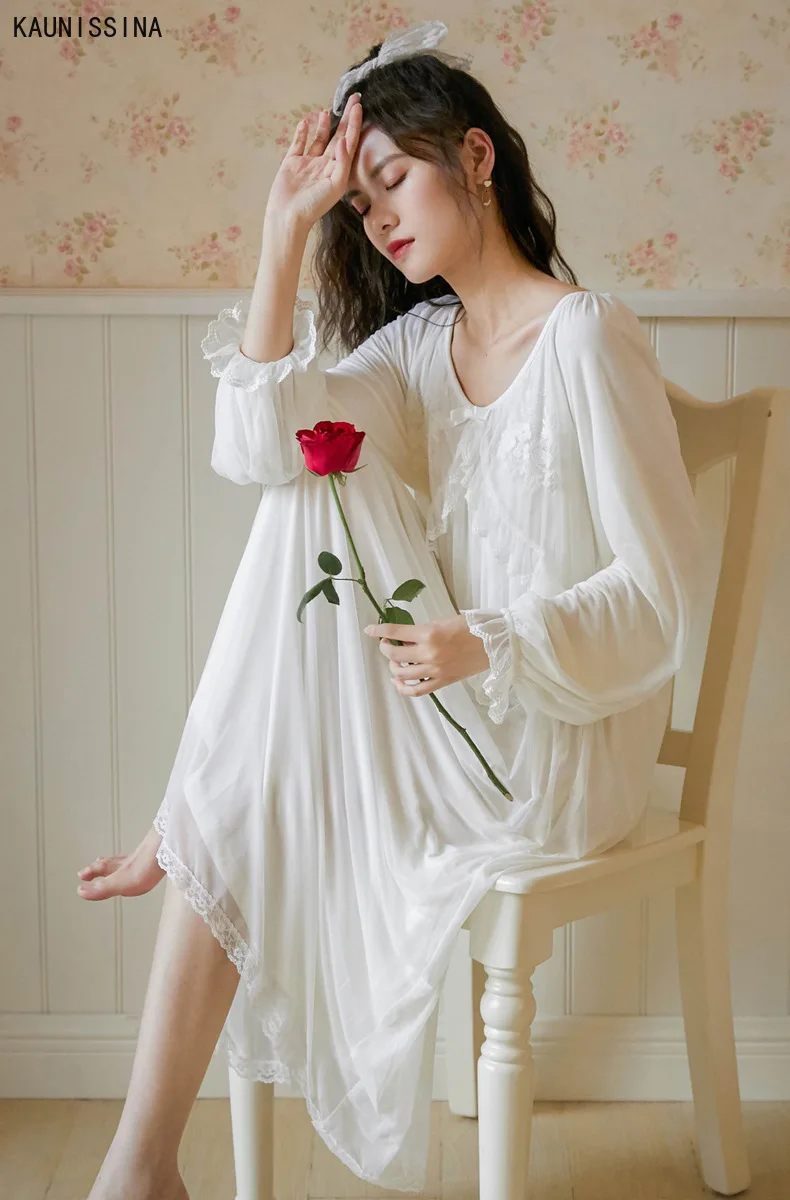 

Women's Modal Nightdress Long Sleeve Spring White Lace Princess Nightgown Ladies Girl V-Neck Cozy Sleepwear Nightwear Gown