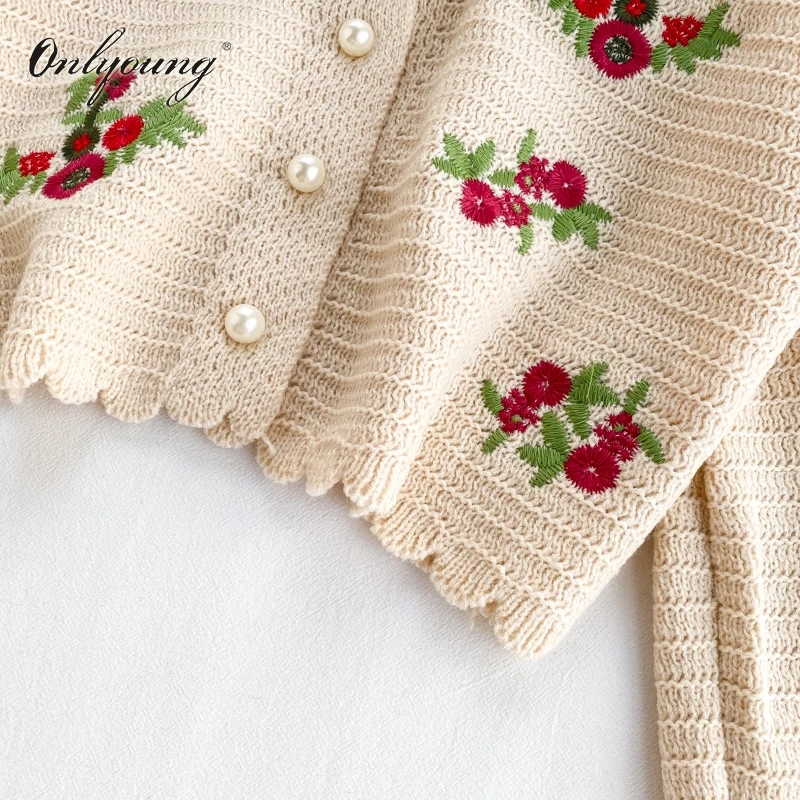 Женский вязаный кардиган Onlyoung винтажный короткий свитер с цветочной вышивкой