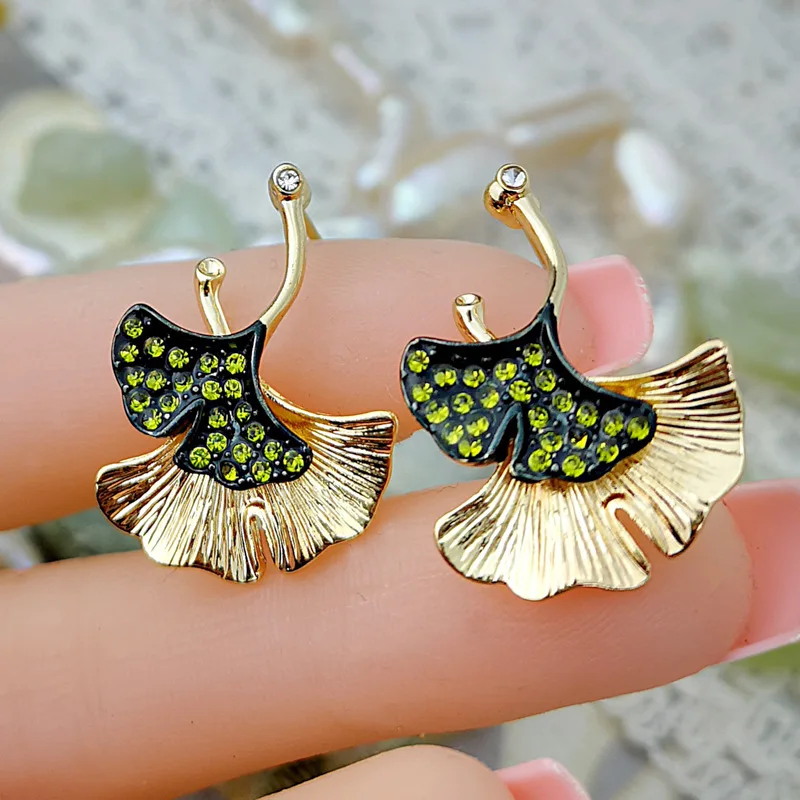 Boho серьги золотого цвета с зелеными кристаллами гинкго билоба двойные листы Висячие серьги для женщин модные ювелирные изделия O3D274
