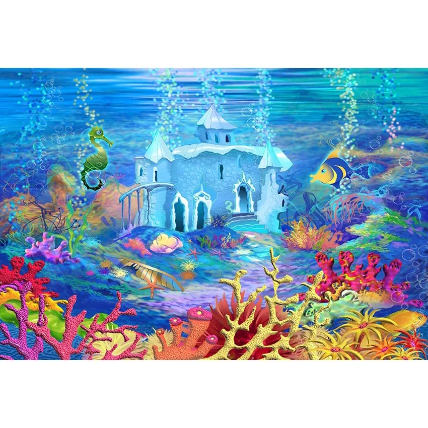 

7x5ft Under Sea Party Castle Colorful Corals Fish Bubble Palace Custom Photo Studio Background Backdrop Vinyl 220cm x 150cm