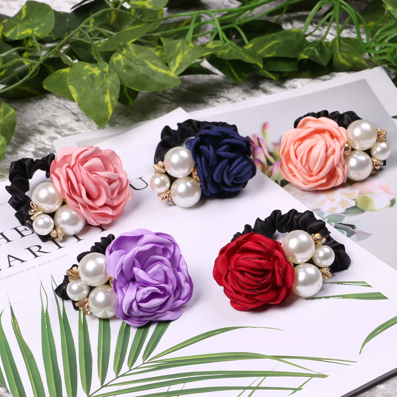 Женские резинки для волос с цветами роз и жемчугом Стразы 1 шт. в Корейском стиле |