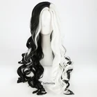 Парики для косплея CRUELLA Deville De Vil, 75 см, длинные кудрявые наполовину белые наполовину черные термостойкие синтетические волосы, парик + шапочка для парика