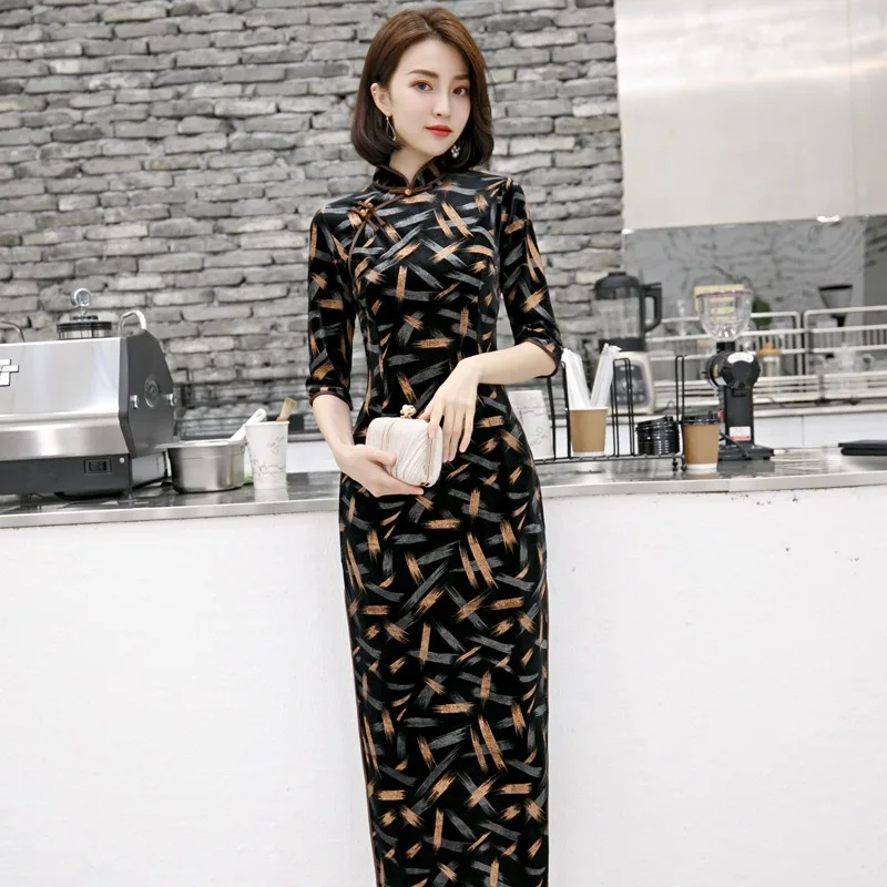 

autumn and winter new retro improved cheongsam mid-length cheongsam dress fashion simple improved cheongsam chinese dress qipao