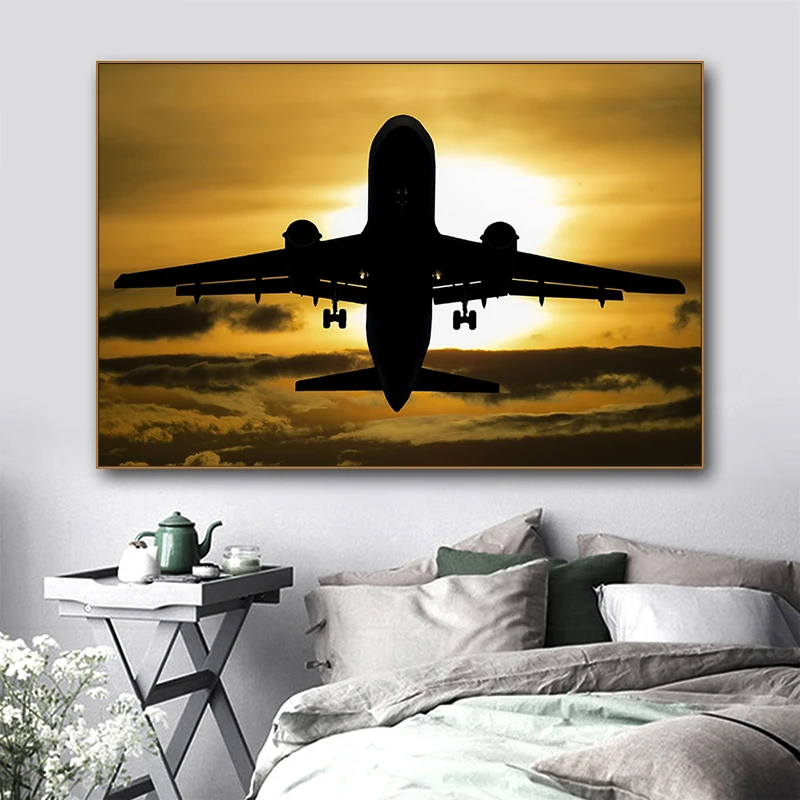 

Sunset Airplane Aircraft Wall Art Canvas Posters Prints Painting Oil Wall Pictures Office Living Room Home Decoration Framework