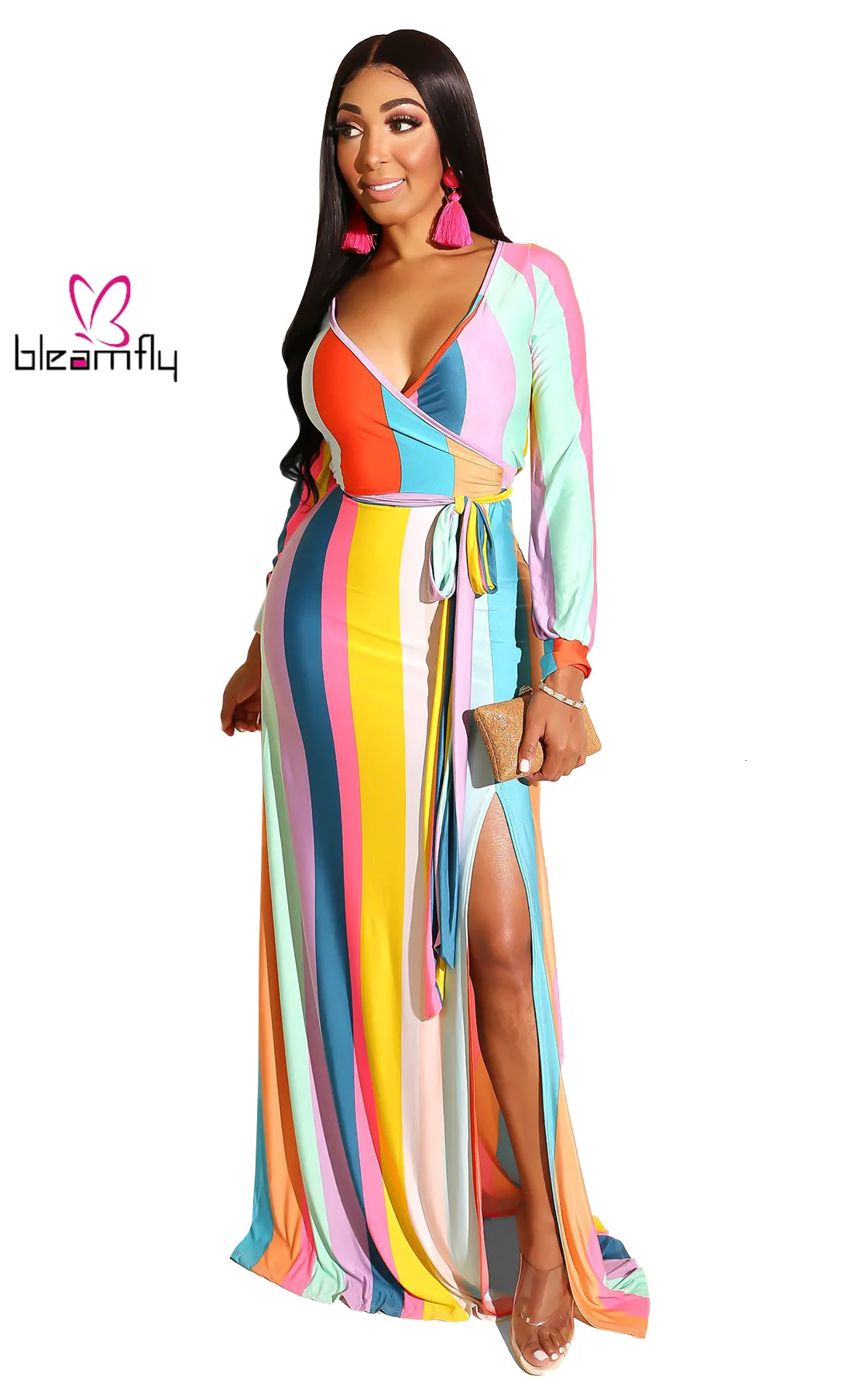 2019 женское осеннее платье макси с v образным вырезом и длинным рукавом в радужную