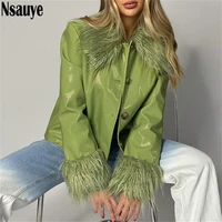 nsauye 2021 winter women turn down collar leather jackets coat outwear vintage faux fur long sleeve y2k casual short jacket tops