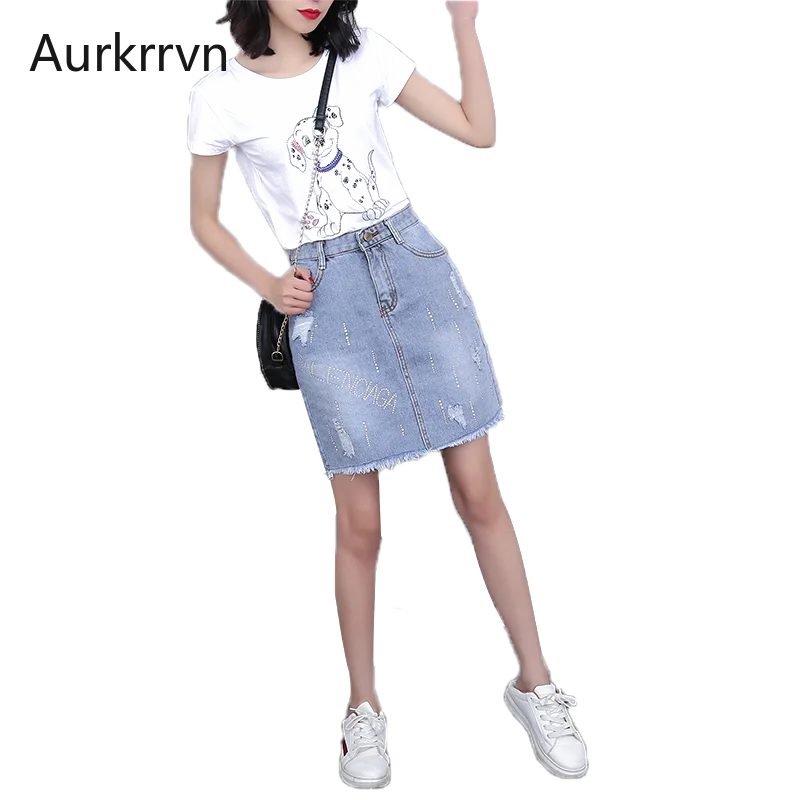 

Aurkrrvn Fashion Raw Adge Hole Mini Skirts Woman Korean Style Summer Diamonds Straight Jean Skirts for Women Denim Mini Skirts