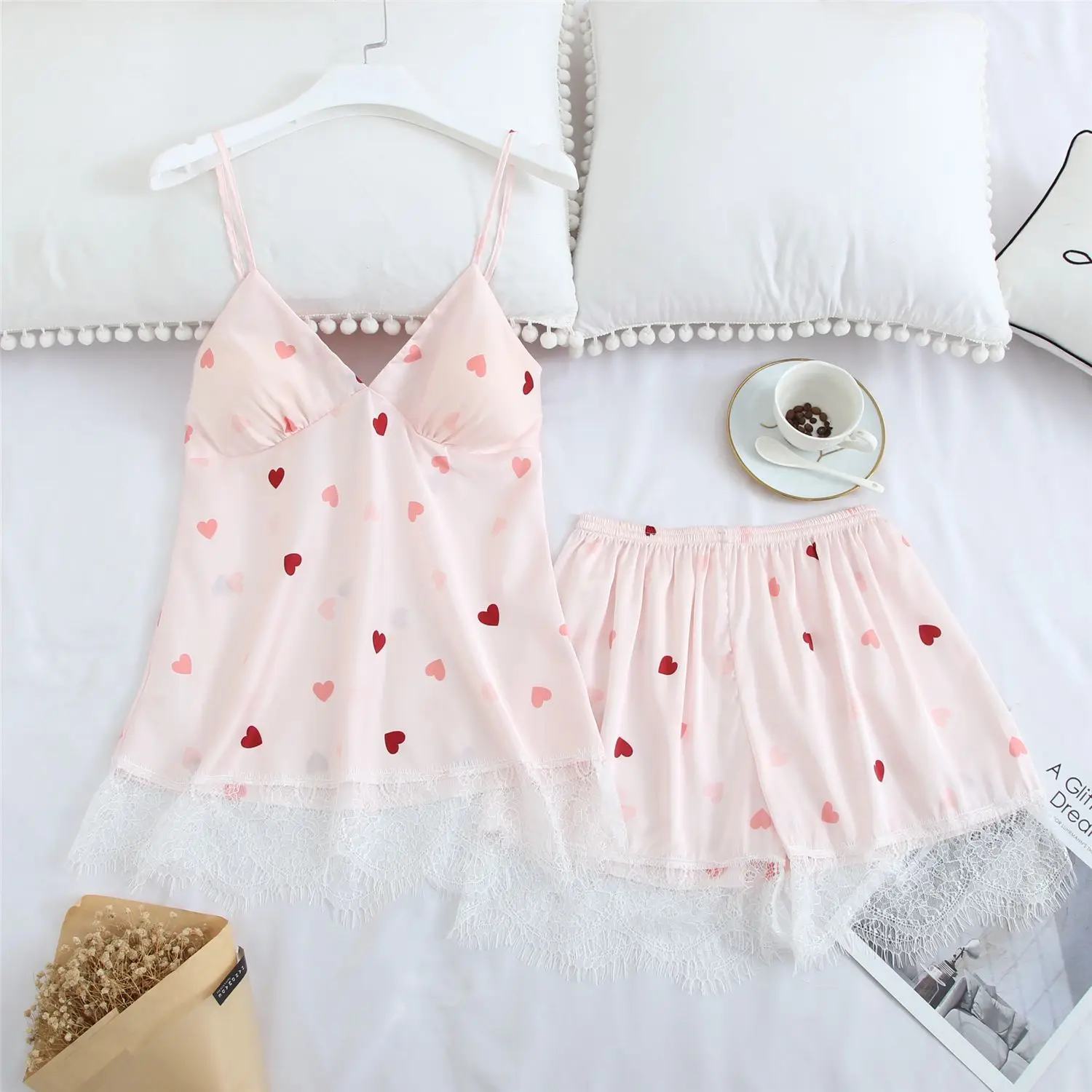 

Sexy V-Neck Lace Trim Strap Top Nightdress &Shorts 2PCS Pajamas Set Backless Pyjamas Summer Loose Home Wear Pyjamas Sleepwear