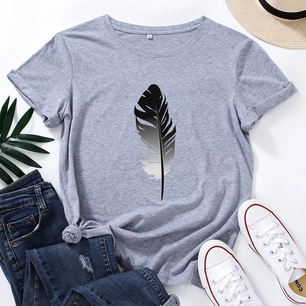 

Women Feather Printed Pattern T-shirt, Short Sleeve Round Collar Tops in 16 Colors, S-XXXXXL