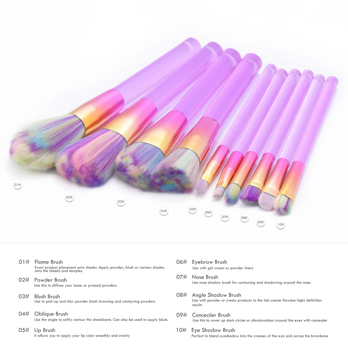 10Pcs Makeup Brushes Beauty Tools Flat-Pillar Foundation Brush Eye Brushes Acrylic Transparent Makeup Brush