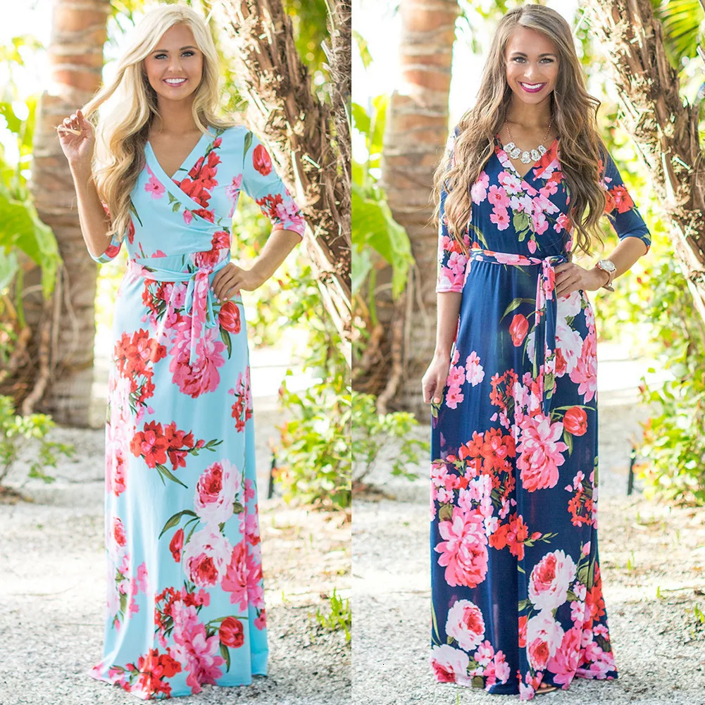 Длинное платье макси с принтом размера плюс сексуальное повседневное летнее