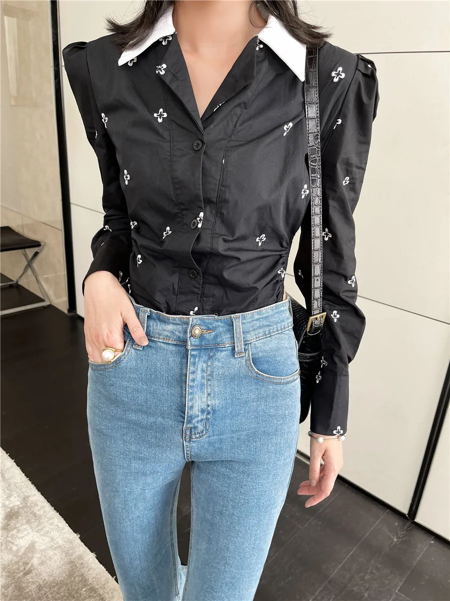 

CHEERART 2021 Fashion Puff Sleeve Black Shirts For Women Bodysuit Shirt Button Up Long Sleeve Ladies Top Embroidered Blouse