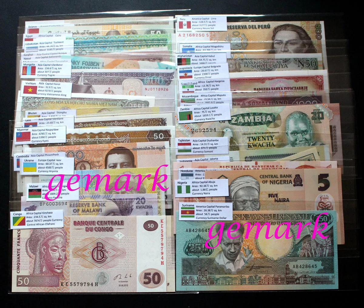 52 шт. прозрачные зарубежные банкноты с флагами на английском и китайском языках |