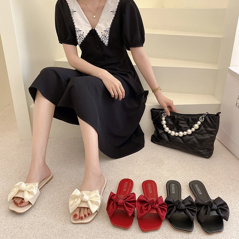 

Flat Shoes Female Woman's Slippers Square Toe Luxury Slides Butterfly-Knot Low 2021 Designer Summer Beach Basic PU Butterfly-kno