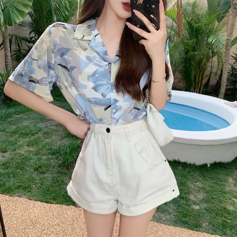 

Polo Shirt Chiffon Loose Plus Size Women's Blouses New Casual Blouse Flowers Buttons Summer Fashion Short Sleeve Top Houthion