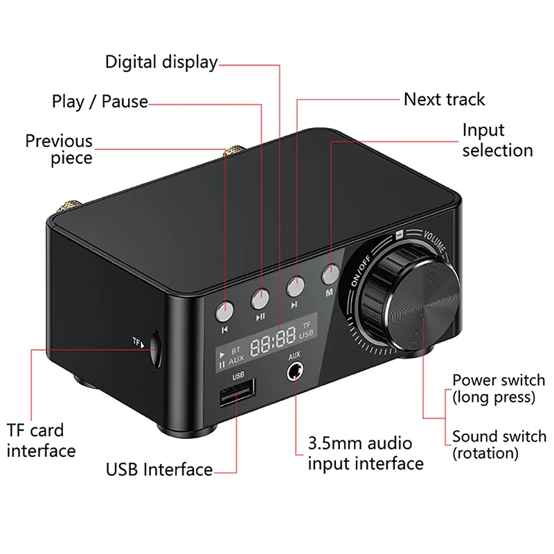 

Bluetooth Amplifier 50Wx2 Stereo Amp Digital Power Amplifier Support AUX TF MP3 Player Speaker Home o