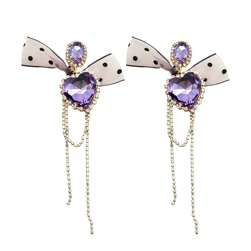 

MOGAKU Long Crystal Chain Earrings for Women Fashion Purple Heart Crystal Dangle Earrings Ladies Bohemia Accessories Jewelry