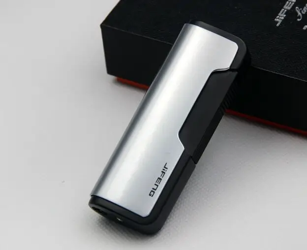 Silver JiFeng Бутановая Зажигалка для сигарет, 1 струйный фонарь, зажигалка для пламени, металлическая многоразовая Зажигалка для сигар, Подарочная коробка, инструмент для курения на открытом воздухе - Цвет: Silver