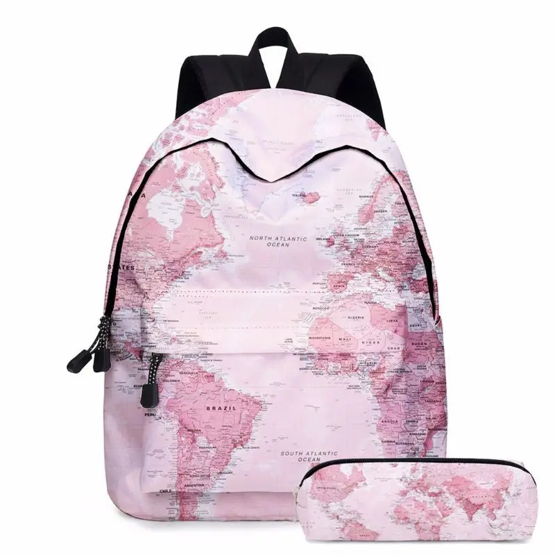 

2pcs World Map Printing Backpack Laptop Daypack Bookbag with Pencil Case female larger capacity backpack