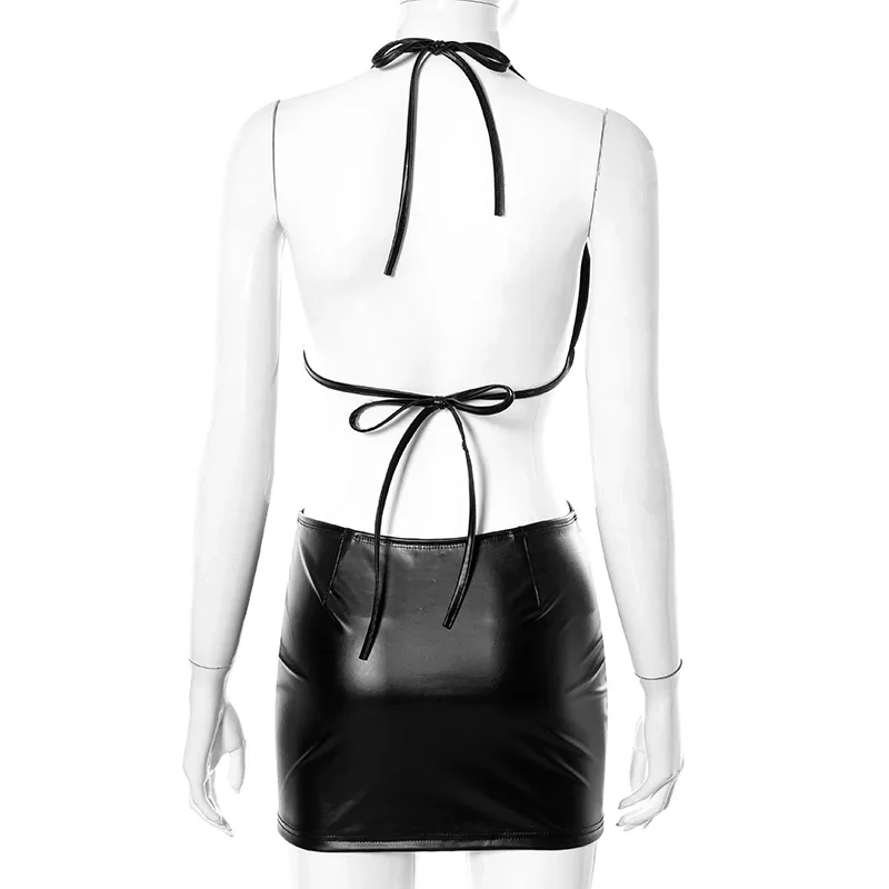 

Pu Leather Party Backless Dresses Bodycon Sexy Halter Strappy Summer Dress Women Deep V-Neck Metal Ring Hollow Out Club Outfit