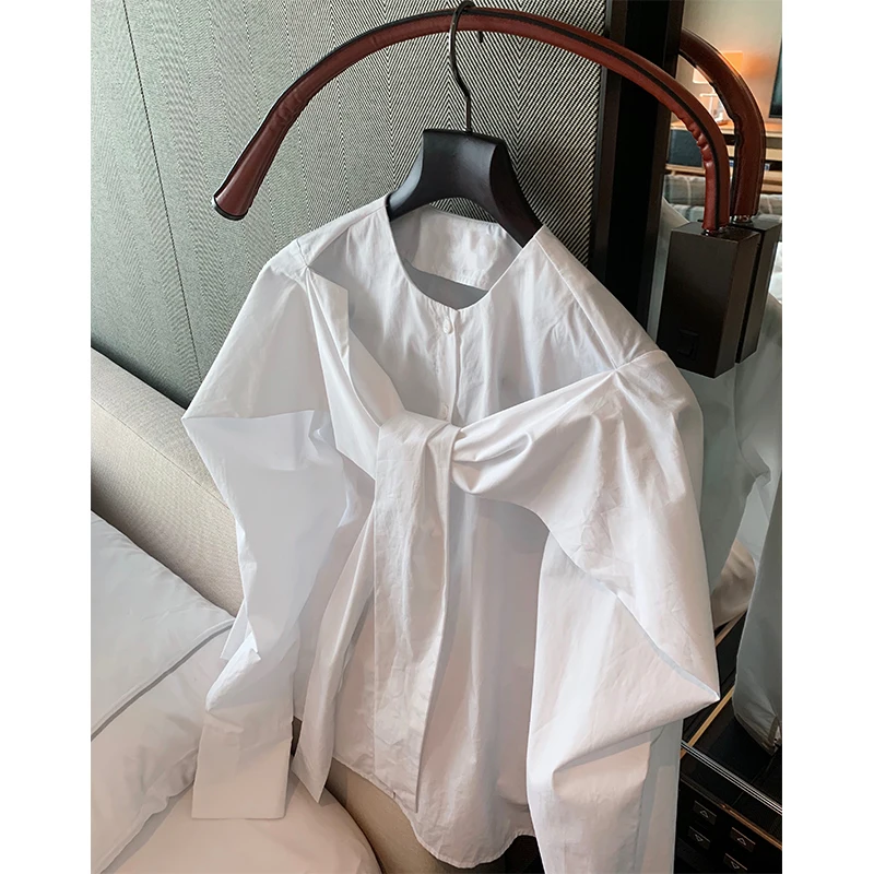 

Puff White 2021 Sleeve Elegant Blouse Women Shirts Office Lady Ladies Work Wear O Neck Womens Tops Blouses Bowknot Female