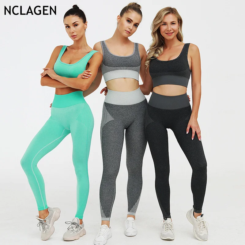 

NCLAGEN Women Yoga Suit Ins Two-piece Set Knitting Seamless Bodybuilding Gym Sport Workout Running High Impact Halter Sportswear